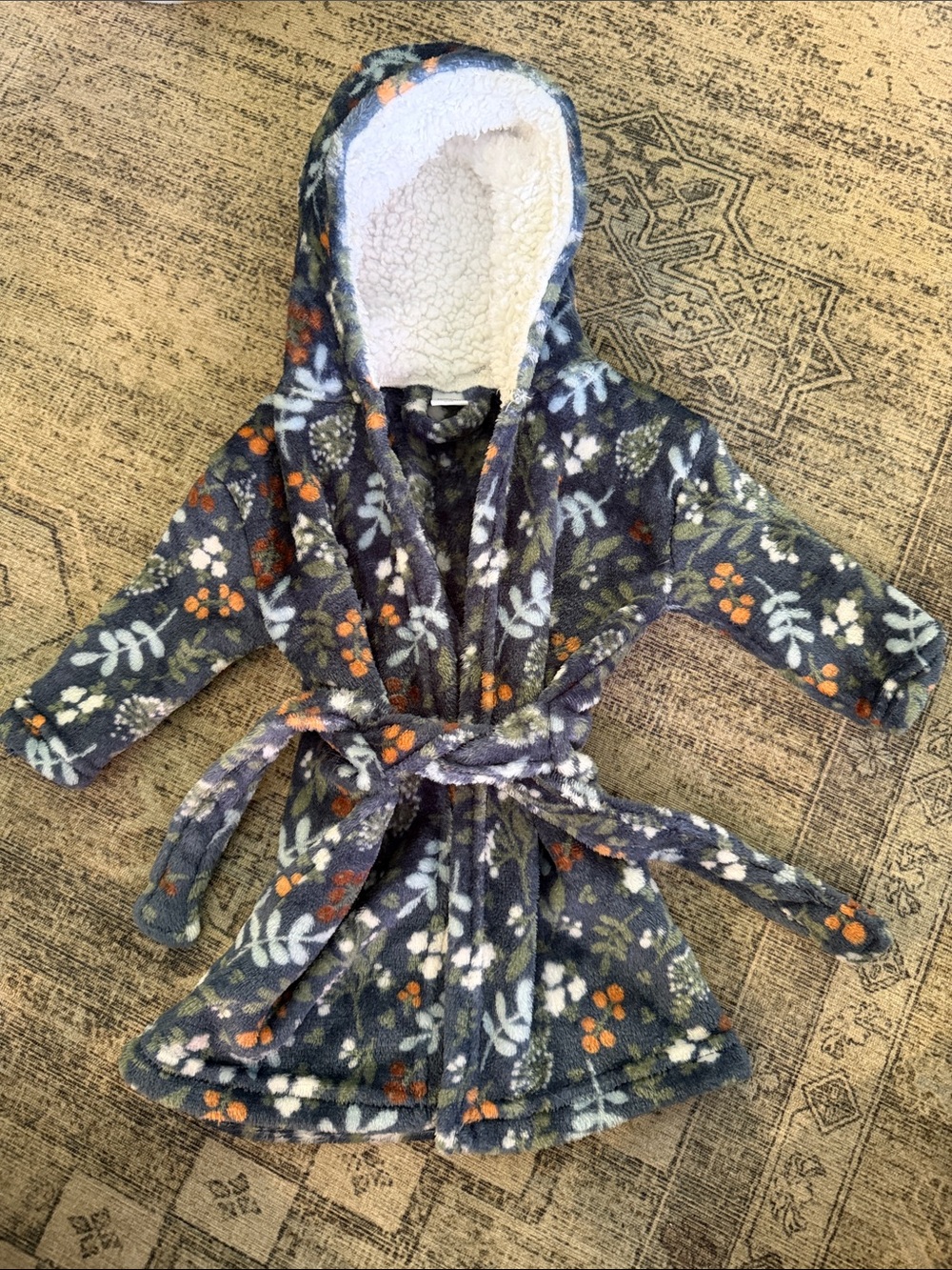 Cozy Floral Hooded Baby Pajama Robe - Navy with Orange & White